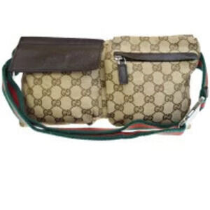 Gucci Sherry Waist Pouch Clutch Bag GG Brown Green Red Canvas Leather